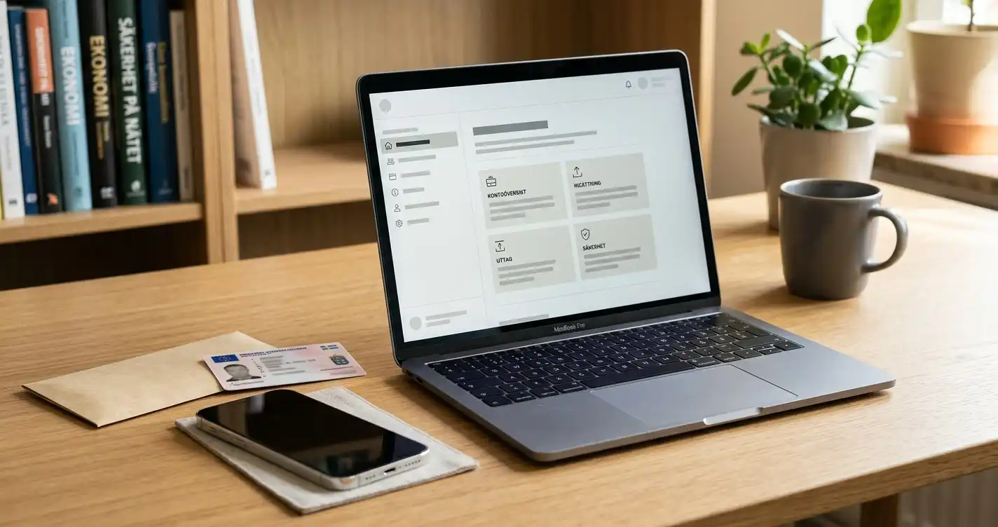 Bärbar dator med neutral kontovy bredvid telefon och identitetshandling med övertäckta uppgifter