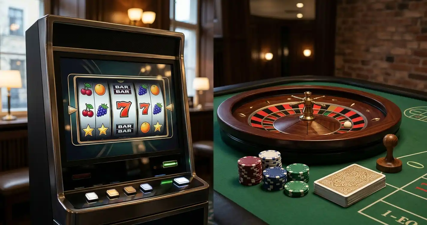 Spelautomater bredvid ett grönt roulettebord med marker och kort