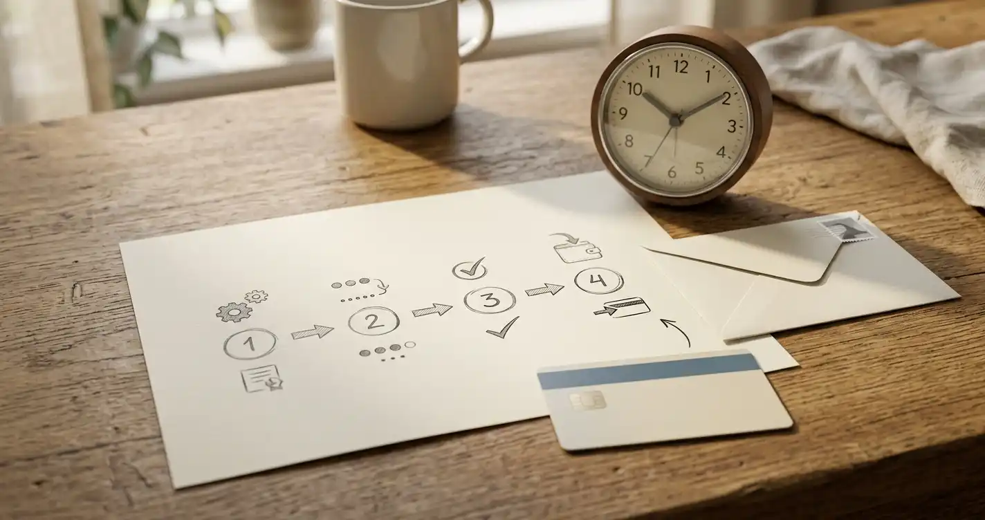 Neutral tidslinje med fyra överföringssteg på papper bredvid bankkort och enkel analog klocka